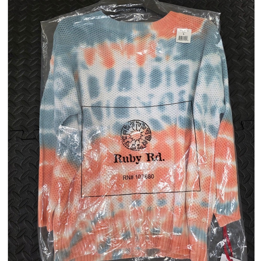 Ruby Rd Womens Tie Dye Basketweave Knit Sweater Multi Blue Orange 90560 GA L